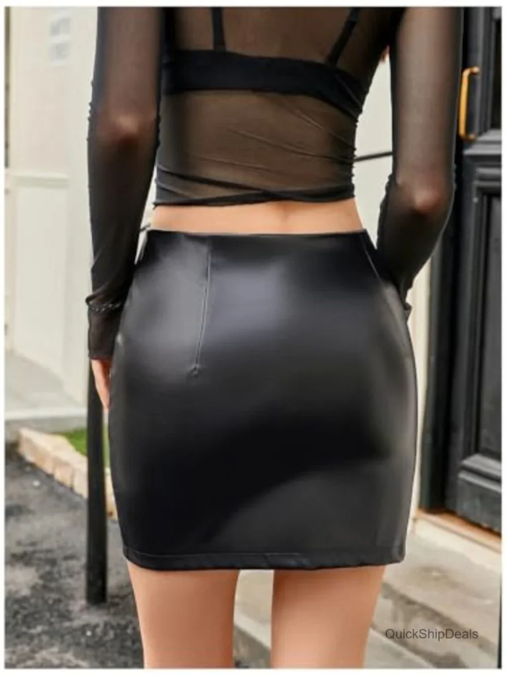 Faux Leather Zip Up Mini Skirt High Rise Bodycon Pencil Skirt with Pockets